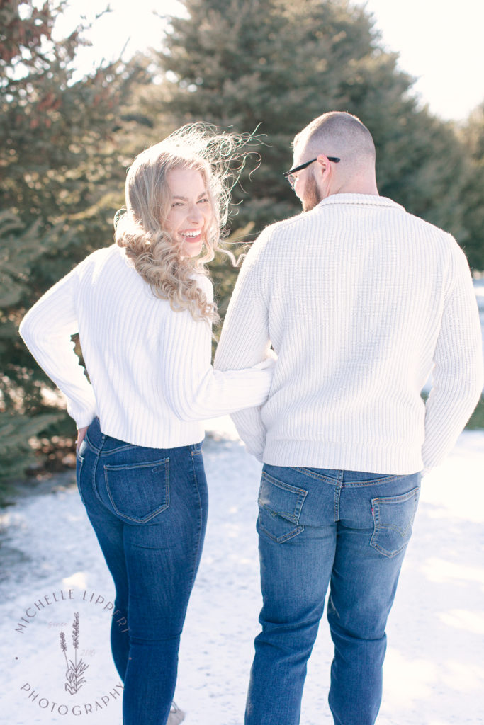 Casual snowy winter engagement session in Mid-Michigan