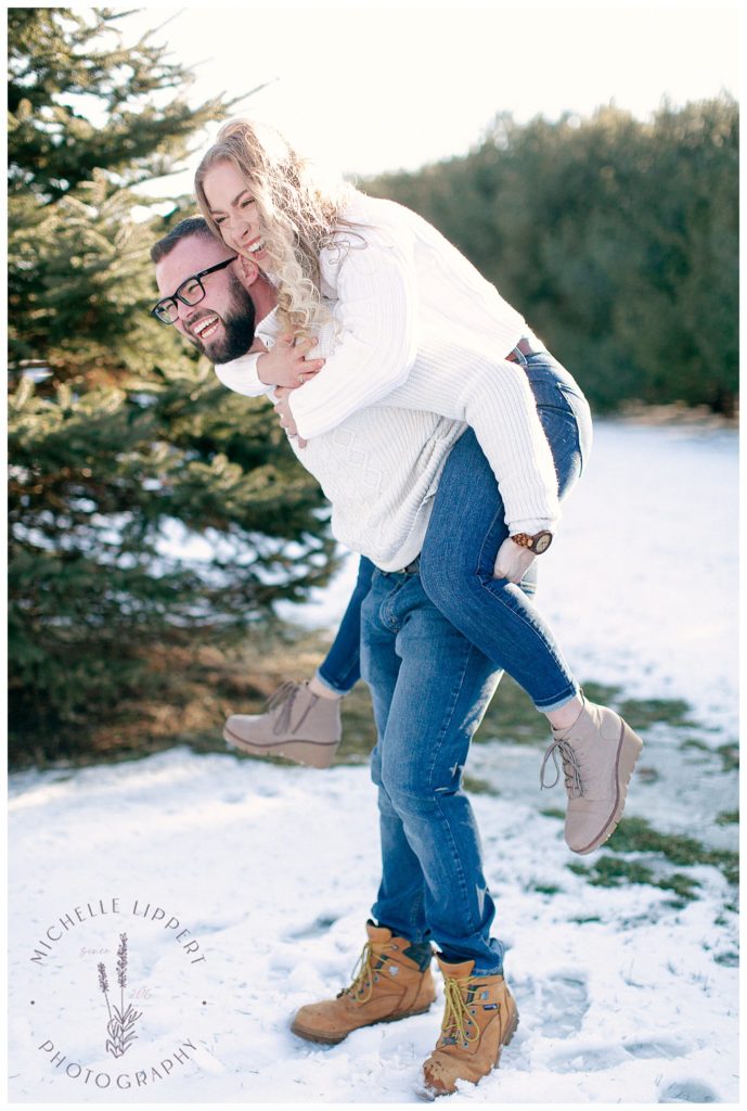 Casual snowy winter engagement session in Mid-Michigan