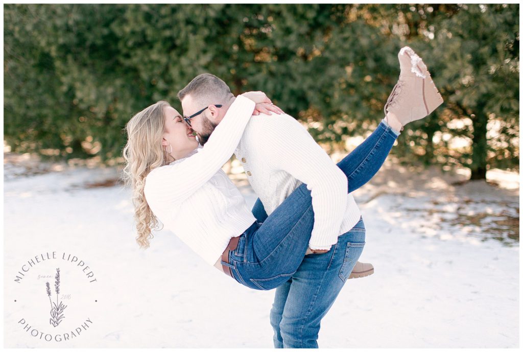 Casual snowy winter engagement session in Mid-Michigan