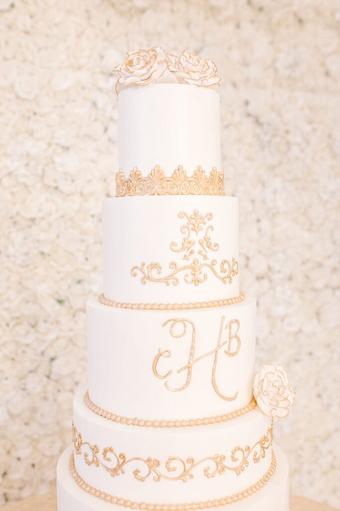 All White Glam Reception Decor Wedding Cake | Knotting Hill Place Luxury Dallas Wedding Venue