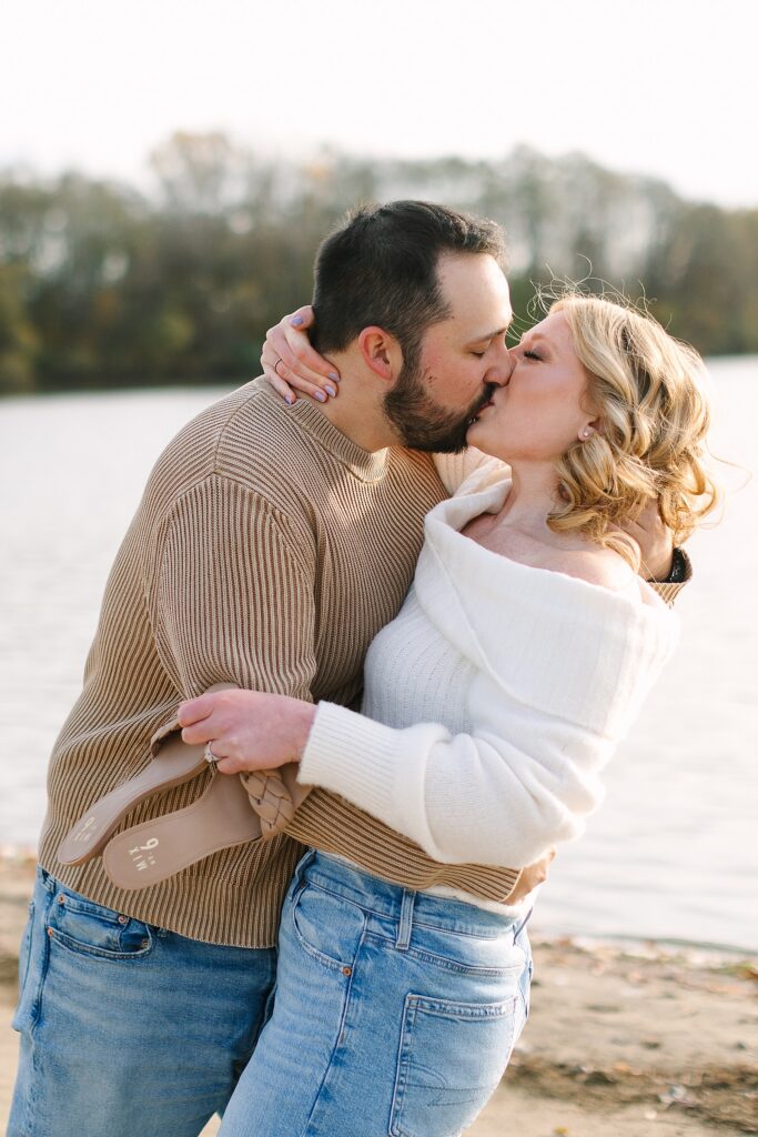 Sunset engagement session on the beach in fall