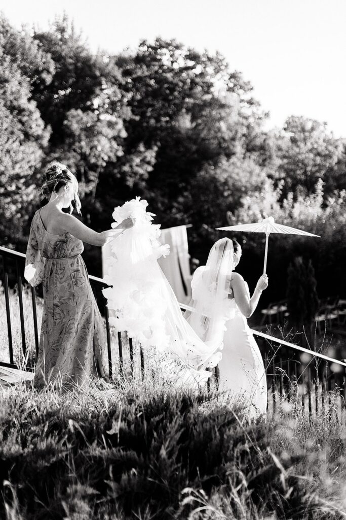 Golden hour portrait of a bride and her maid of honor