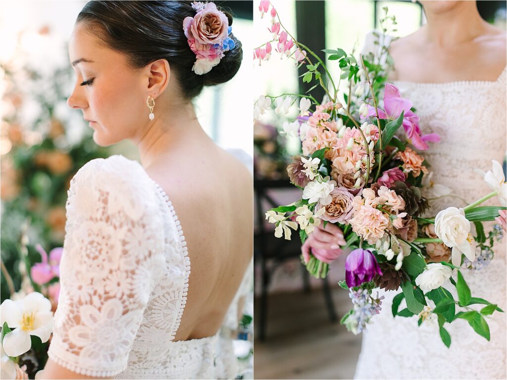 Bridgerton inspired wedding bouquet, hair style and vintage lace wedding dress