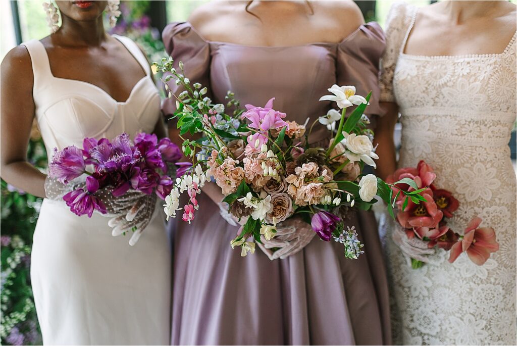 Bridgerton inspired vintage wedding gowns designed by Allure Bridals and stunning purple bouquet