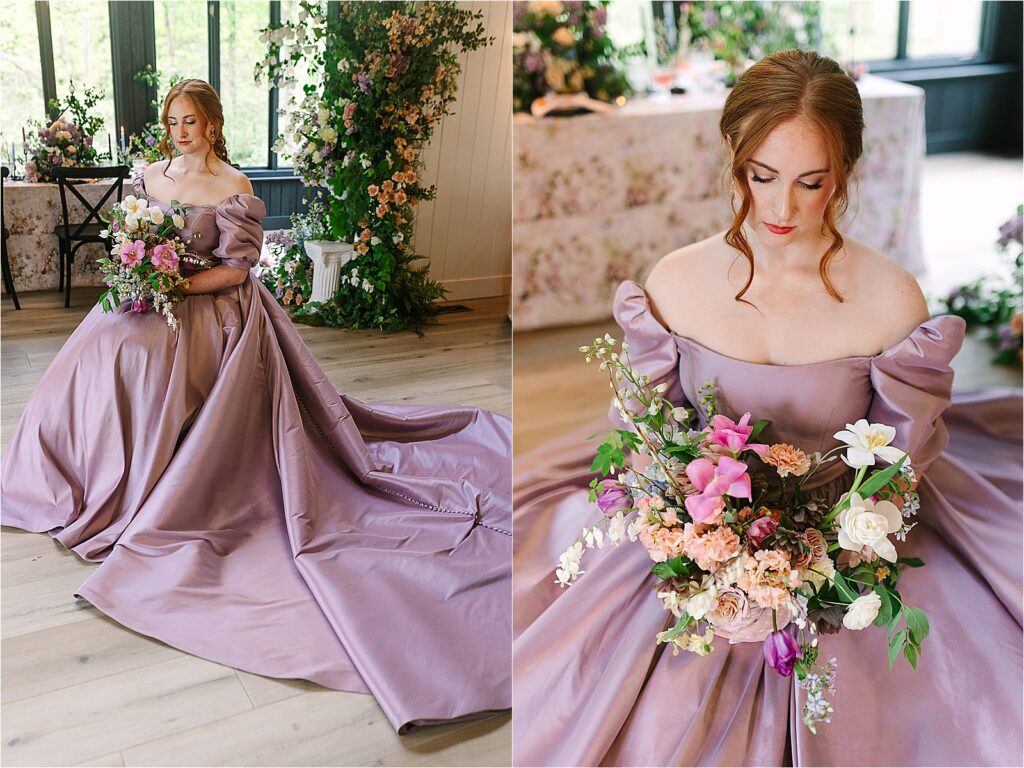 Bridgerton inspired vintage wedding gowns designed by Allure Bridals with purple bouquet