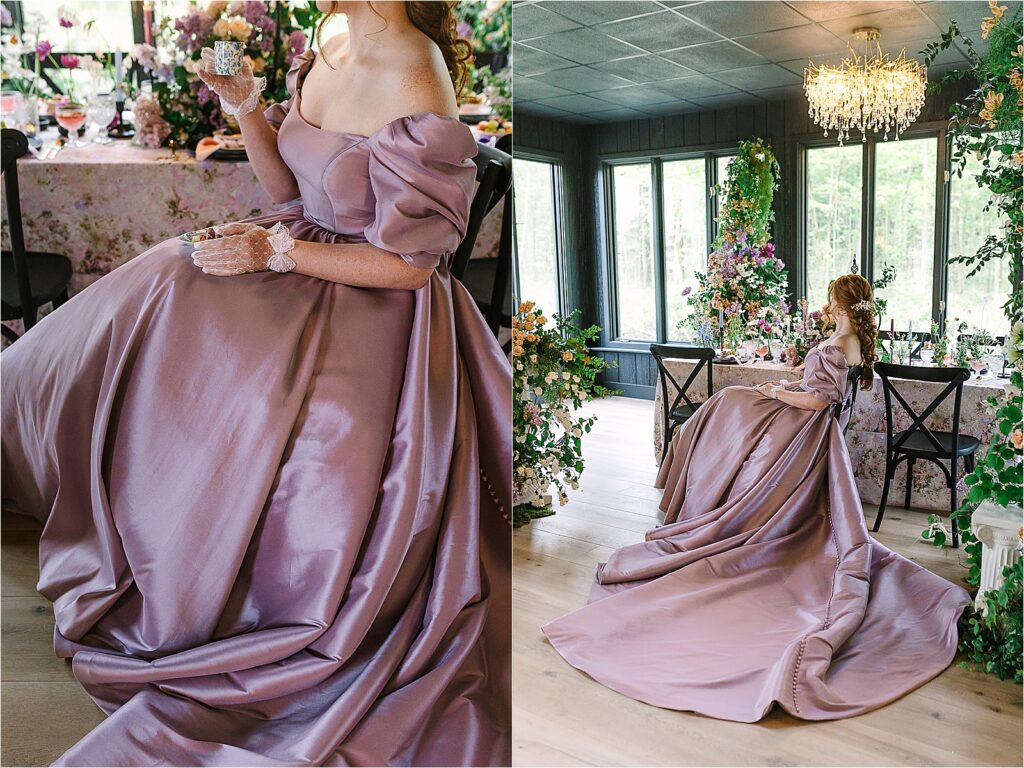 Bridgerton inspired vintage wedding gowns designed by Allure Bridals and reception decor with a modern twist and floral installation