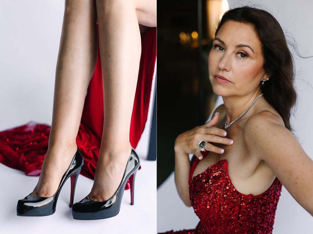 photos of a vip client in black louboutin heels and red sequin dress