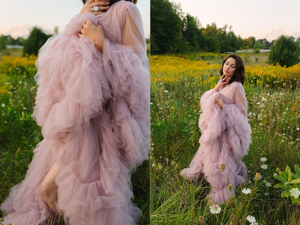 whimsical photos from a vip photoshoot in a field wearing a floofy pink robe