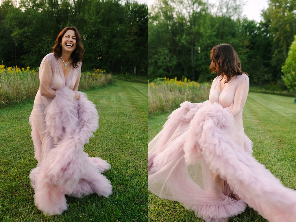 whimsical photos from a vip photoshoot in a field wearing a floofy pink robe